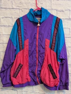 Vintage Colorblock Casual Isle Windbreaker Jacket - Purple/Teal/Pink